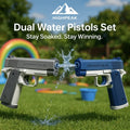 HighPeak Dual Water Pistols Set in gray and blue shooting water with rainbow and outdoor play area background