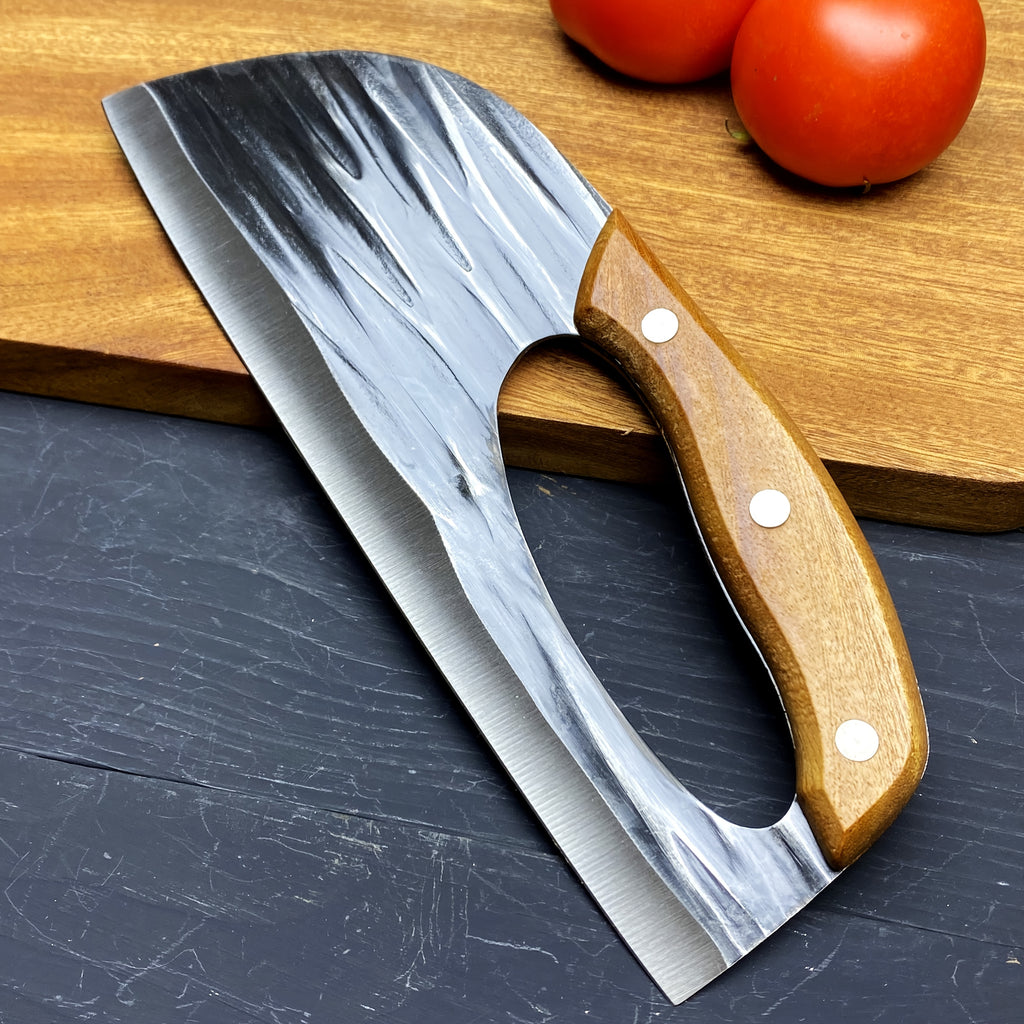 HighPeak Ergonomic Chef Knife with wooden handle and sharp steel blade on cutting board with tomatoes visible