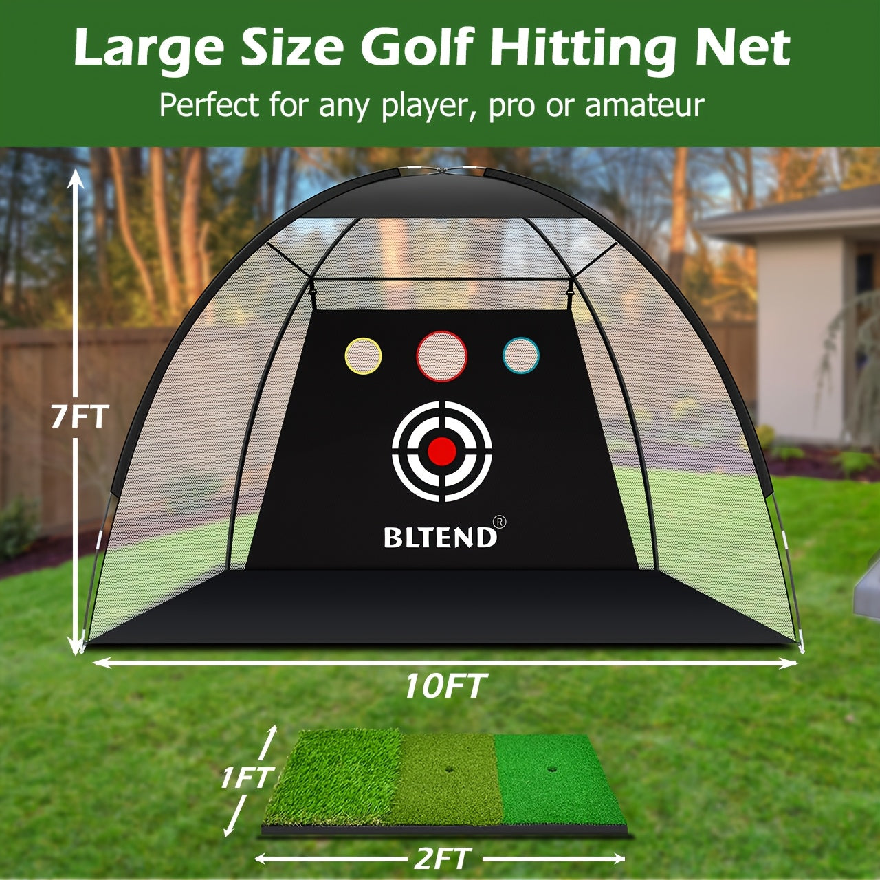 ProSwing Golf Net 10x7ft black golf hitting net with target zones and turf mat set up outdoors on lawn