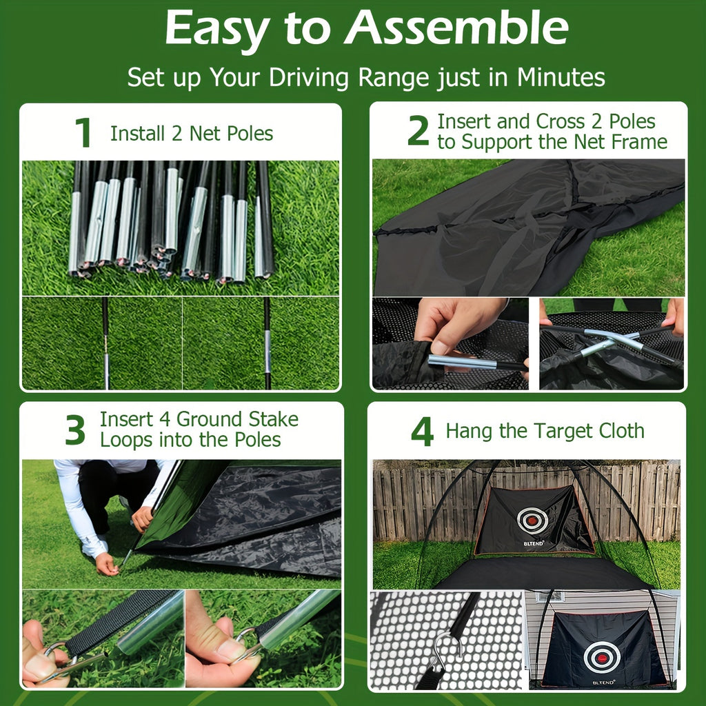 ProSwing Golf Net assembly steps showing poles, ground stakes, and hanging target cloth on green grass outdoors.