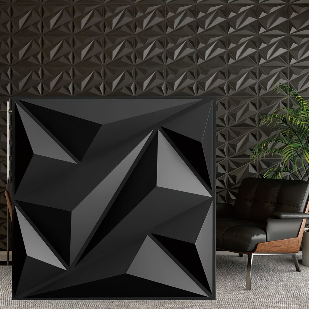 HighPeak PrismWall™ 3D Diamond Wall Panels in matte black installed in a modern living room with textured geometric design.
