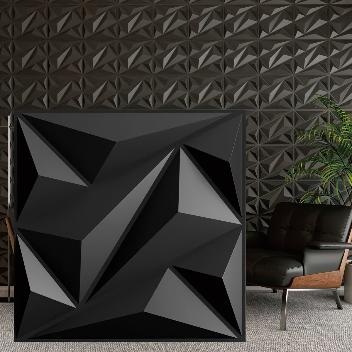 HighPeak PrismWall™ 3D Diamond Wall Panels in matte black installed in a modern living room with textured geometric design.