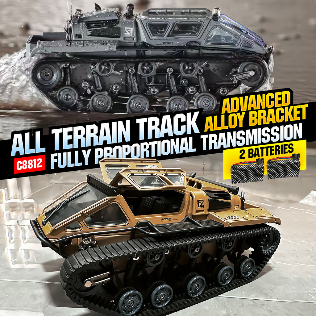 HighPeak WarBeast RC Tank in black and tan with advanced alloy brackets and fully proportional transmission on all terrain tracks