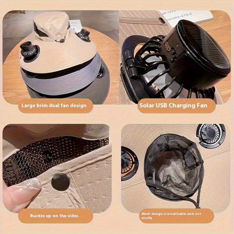 HighPeak Cooling Fan Sun Hat in beige with dual solar USB fans, breathable mesh, and adjustable buckle for outdoor cooling.