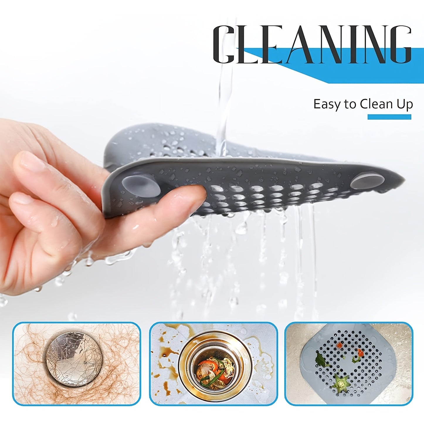 HighPeak DrainGuard™ flexible gray silicone drain cover being rinsed under water, showing easy clean-up and debris trapping features.