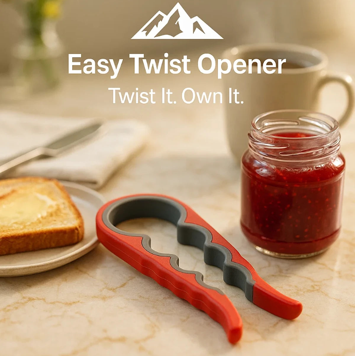 HighPeak Easy Twist Opener in red with gray non-slip grip near jam jar and buttered toast on kitchen counter