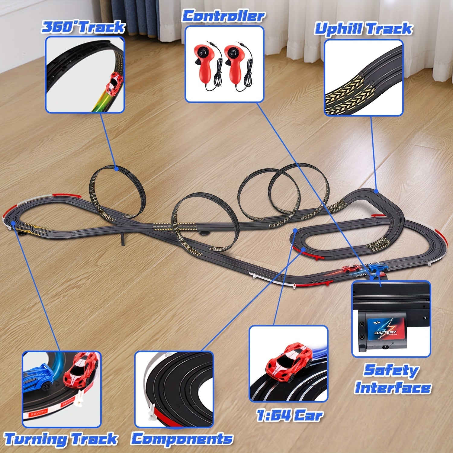 TurboLoop™ Car Track Set on wooden floor showing 360° loops, uphill track, dual controllers, red and blue electric cars, and safety interface.
