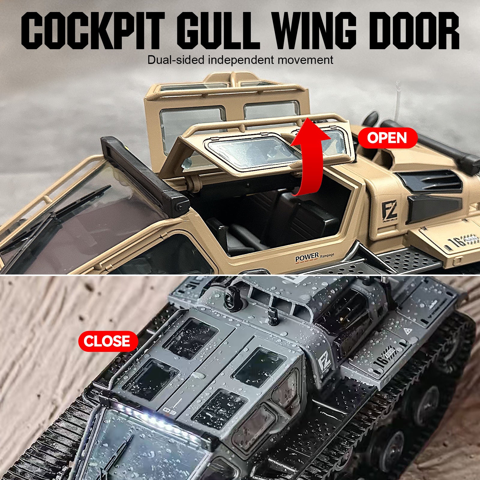 WarBeast RC Tank in tan and gray with cockpit gull wing doors open and LED headlights on wet terrain by HighPeak