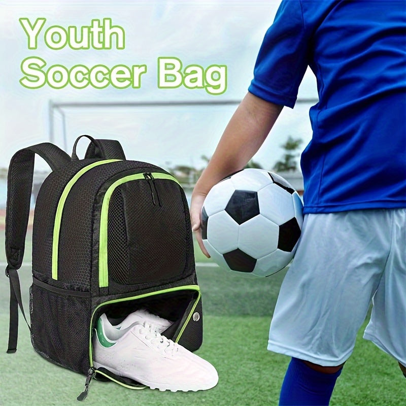GearGoal™ - All Sport Backpack in black with neon green trim holding soccer ball and shoes on a soccer field with child.
