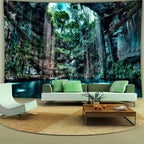 Enchanting Cenote Waterfall Tapestry showing turquoise natural pool with cascading waterfalls in limestone cave surrounded by lush greenery