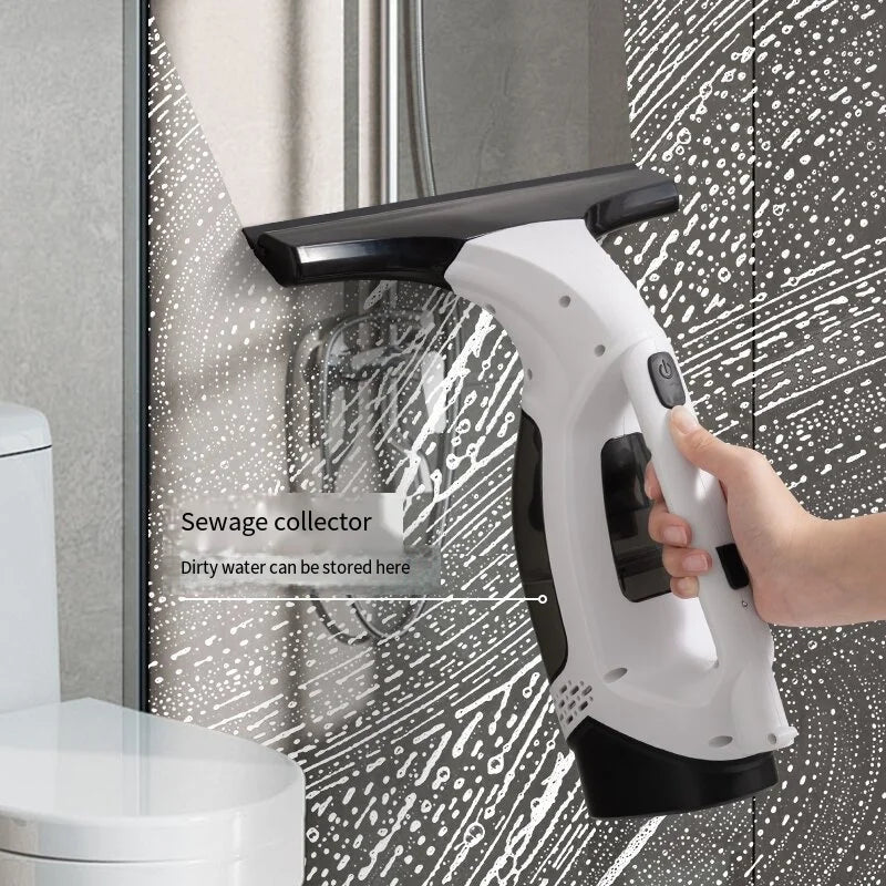 Electric Glass Cleaner demonstrating cordless cleaning across wet window glass