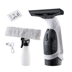 Electric Glass Cleaner handheld unit with a wide rubber squeegee blade for smooth glass surfaces