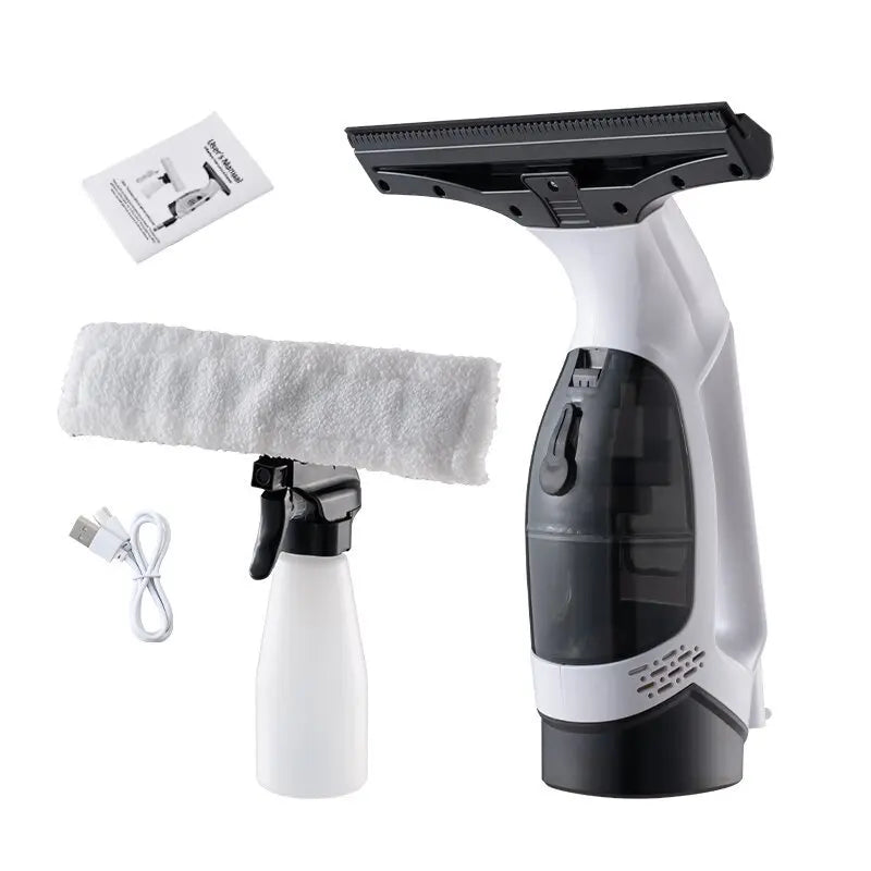 Electric Glass Cleaner handheld unit with a wide rubber squeegee blade for smooth glass surfaces