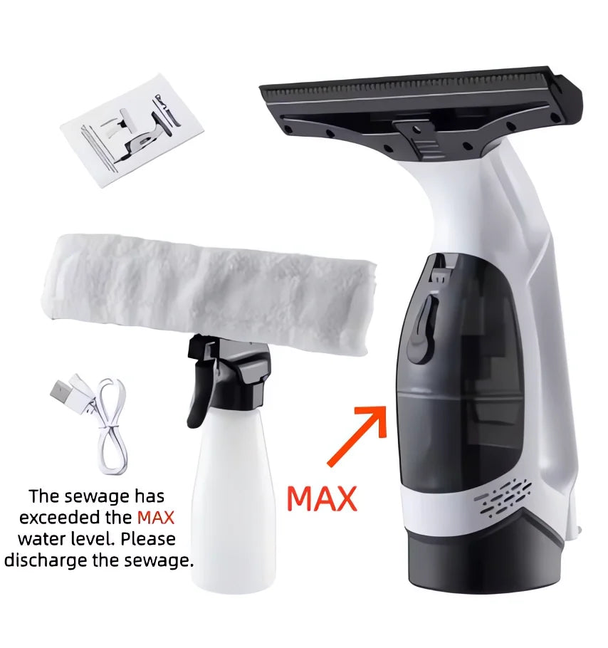 Electric Glass Cleaner wide squeegee head designed to guide water from glass