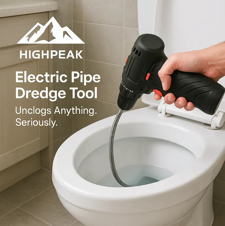 HighPeak Electric Pipe Dredge Tool attached to drill clearing toilet clog with flexible steel snake in white bathroom setting