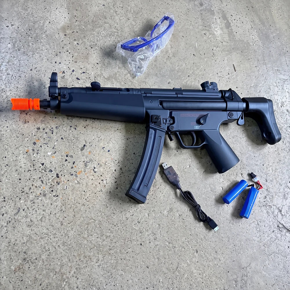 Electric SMG Gel Blaster with protective glasses, USB charging cable, rechargeable battery set, and magazine