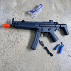 Electric SMG Gel Blaster with protective glasses, USB charging cable, rechargeable battery set, and magazine
