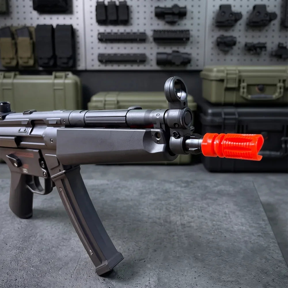 Electric SMG Gel Blaster side view highlighting the orange tip, front sight, and curved magazine