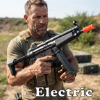 Electric SMG Gel Blaster shown in an outdoor battle setting with an adult player