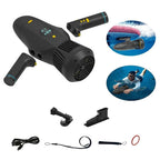 Electric Underwater Scooter with mounting brackets, charger, camera mount and use-mode examples