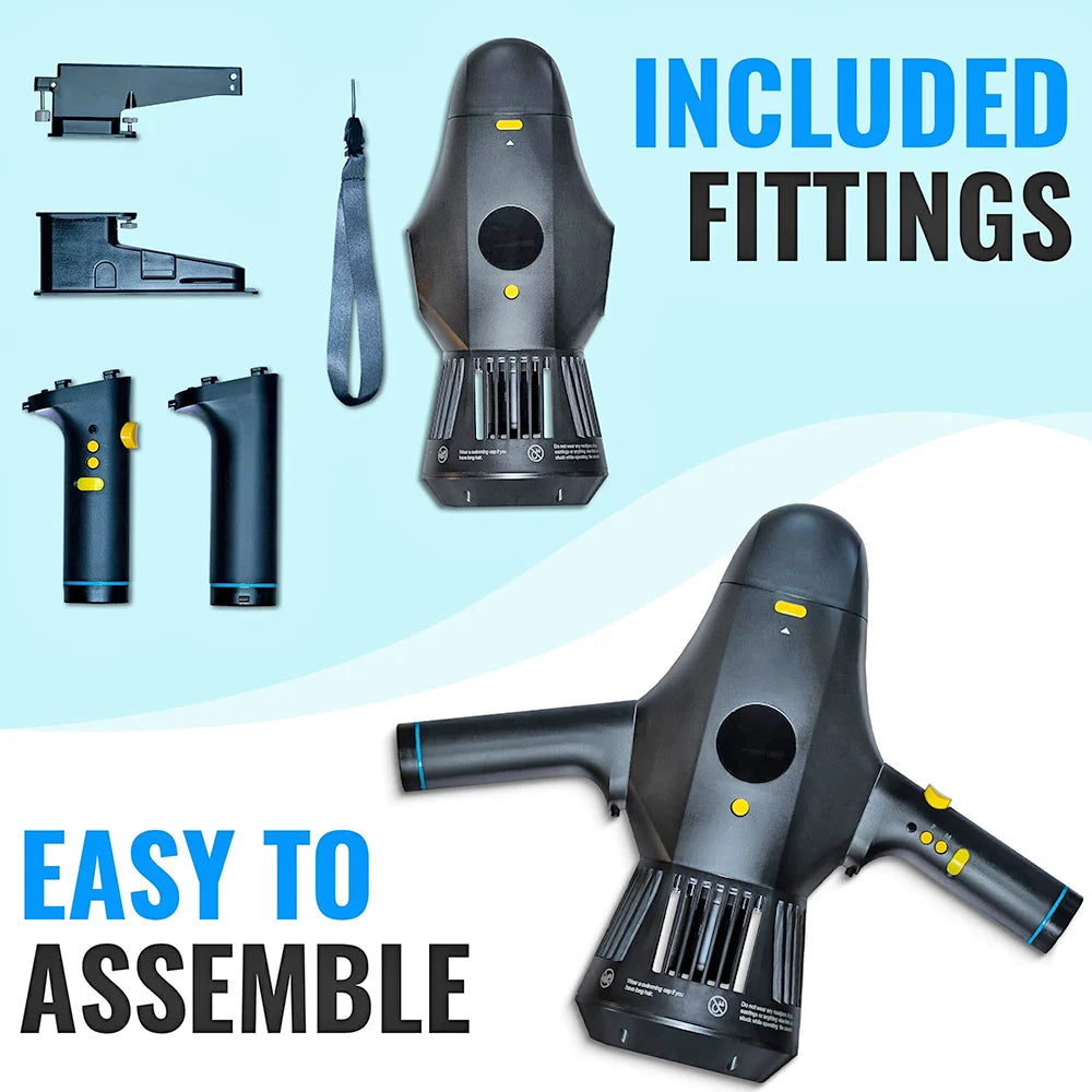 Electric Underwater Scooter included fittings and removable handles shown for easy assembly