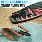 Electric Underwater Scooter shown mounted to a paddle board and used independently in the water