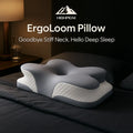 HighPeak ErgoLoom Pillow in gray with ergonomic butterfly contour on a dark bed for neck pain relief and deep sleep.