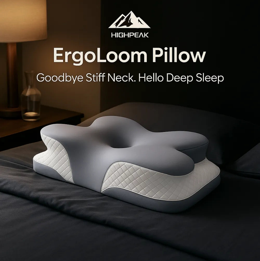 HighPeak ErgoLoom Pillow in gray with ergonomic butterfly contour on a dark bed for neck pain relief and deep sleep.