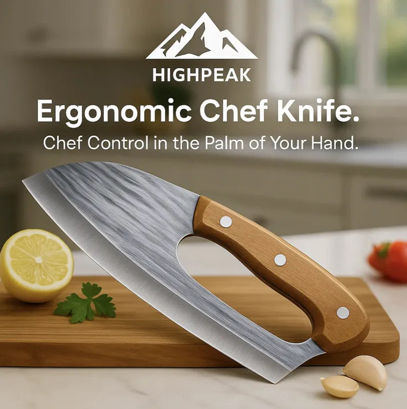 HighPeak Ergonomic Chef Knife with wooden handle and sharp stainless steel blade on wooden cutting board with lemon and garlic