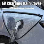 EV Charging Rain Cover — Black cover shown over a plugged-in connector in a supplier rainy-weather illustration.