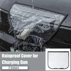 EV Charging Rain Cover — Black-edged cover shown with water flowing over it and a flat-cover inset.