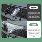 EV Charging Rain Cover — Before-and-after supplier graphic showing the position of a cover over a charging port.