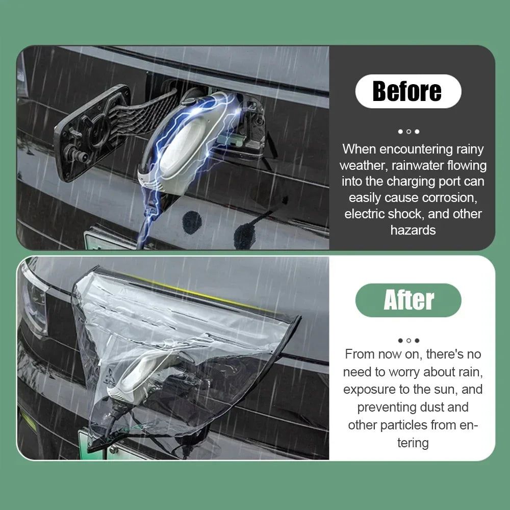 EV Charging Rain Cover — Before-and-after supplier graphic showing the position of a cover over a charging port.