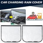 EV Charging Rain Cover — Collage of installed and flat black covers with a small electric-car illustration.