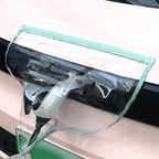 EV Charging Rain Cover — Green-edged clear cover draped over a front charging plug on a pink vehicle.