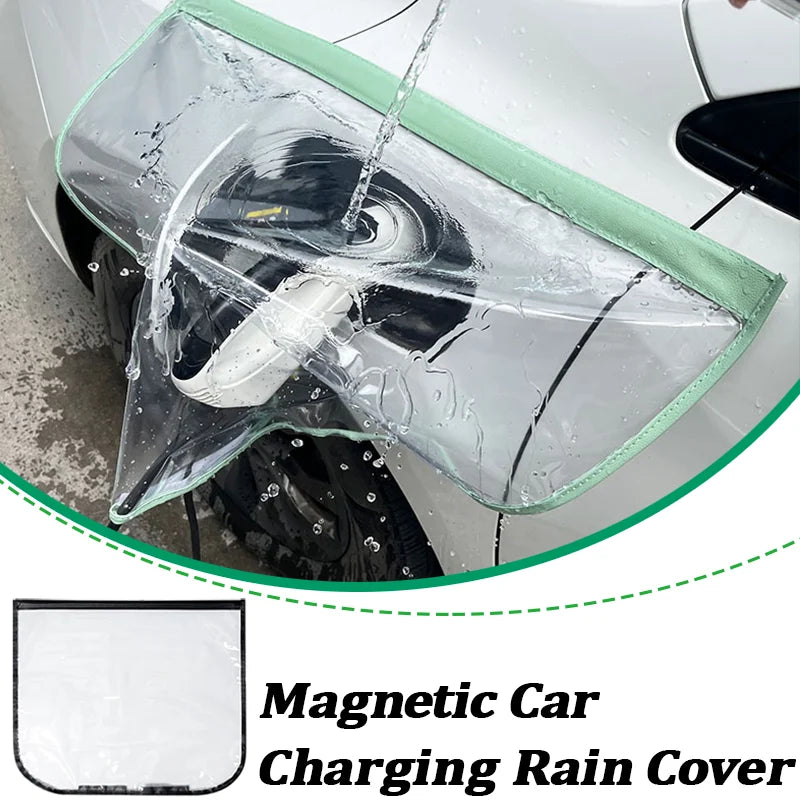 EV Charging Rain Cover — Green-edged cover on a white car shown in a supplier water-pouring demonstration.
