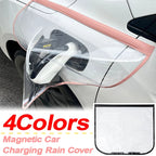 EV Charging Rain Cover — Pink cover installed on a white car with a flat-cover inset and four-color label.