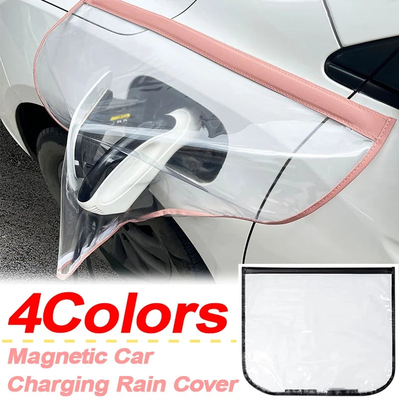 EV Charging Rain Cover — Pink cover installed on a white car with a flat-cover inset and four-color label.