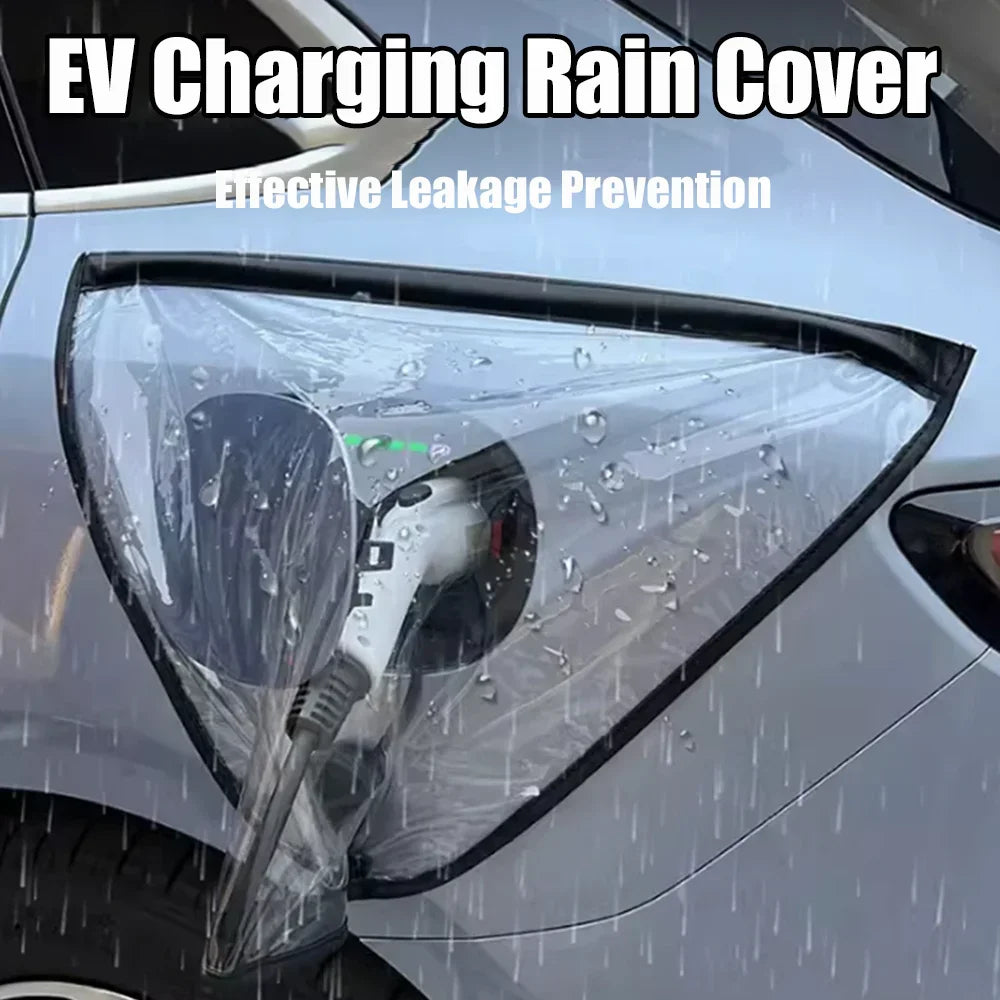 EV Charging Rain Cover — Clear panel with water droplets over a side-mounted charging connector on a light-colored car.