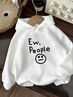 "Ew, People" Hoodie in white arranged in a flat lay with the graphic centered