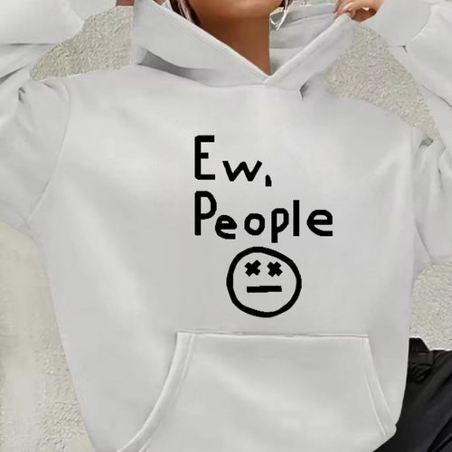 "Ew, People" Hoodie in white held up front, showing the black text graphic and kangaroo pocket
