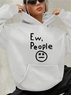 "Ew, People" Hoodie in white held by a model wearing sunglasses, showing the full front