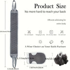 Exfoliating Body Scrubber Set size chart showing the strap, mitt, loofah, and care instructions