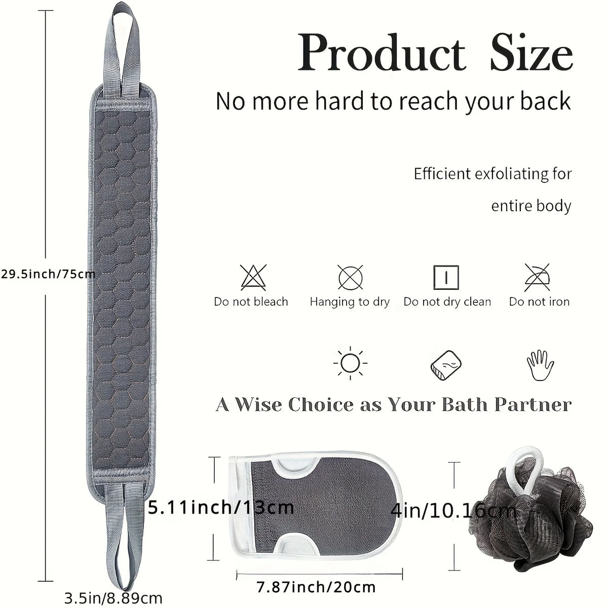 Exfoliating Body Scrubber Set size chart showing the strap, mitt, loofah, and care instructions