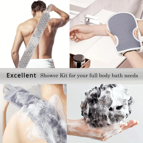 Four-panel bathing collage showing the back strap, gray mitt, and foamy mesh loofah