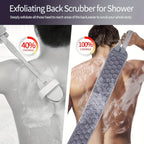 Supplier comparison showing the gray loop-handled scrubber stretched across a man's back