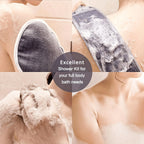 Bath mitt, back strap, and mesh loofah shown lathering the body in a four-panel collage