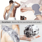 Exfoliating Body Scrubber Set collage showing back washing, arm scrubbing, and loofah lather