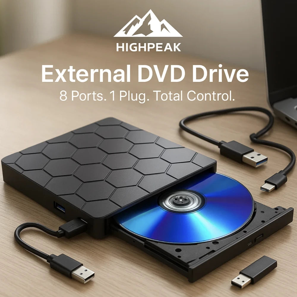 HighPeak 8-in-1 External DVD Drive in black with USB-C and USB 3.0 ports shown burning a disc on a wooden desk