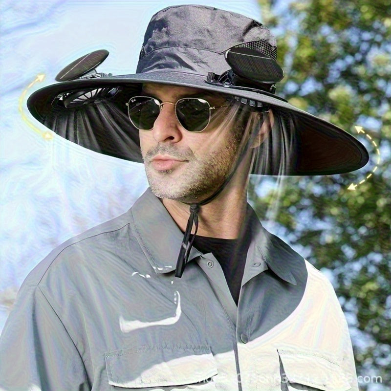 HighPeak Cooling Fan Sun Hat in gray with dual fans worn outdoors for sun protection and cooling breeze